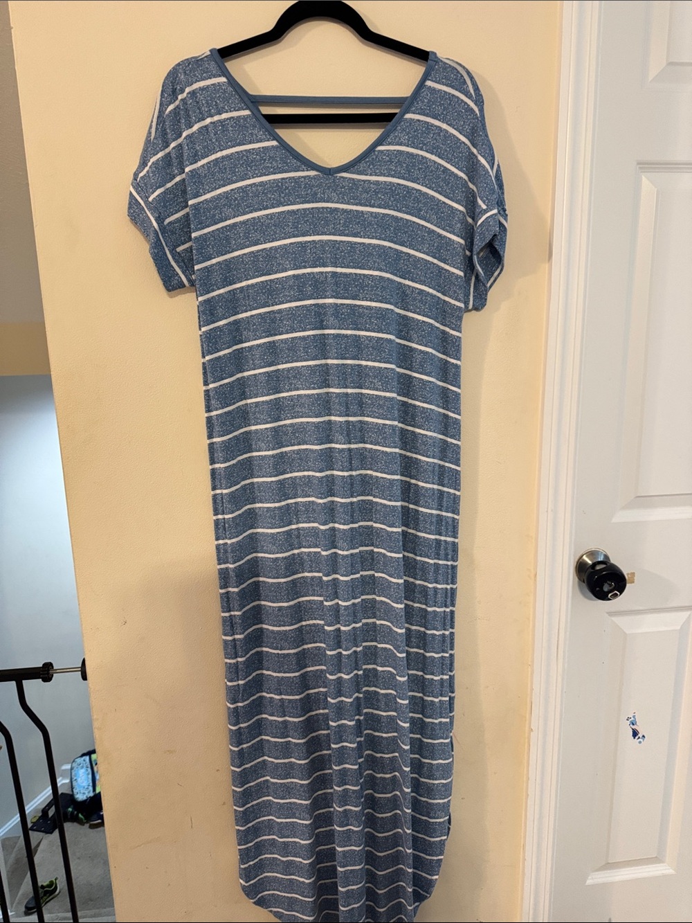 LuLaRoe Blue and White Striped V‑Neck Maxi Dress